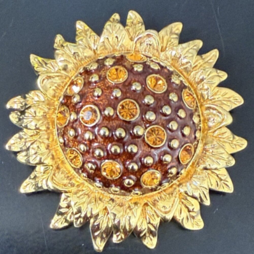 JBK Jacqueline Bouvier Jackie Kennedy Brooch Sunflower Brown Enamel Gold Tone